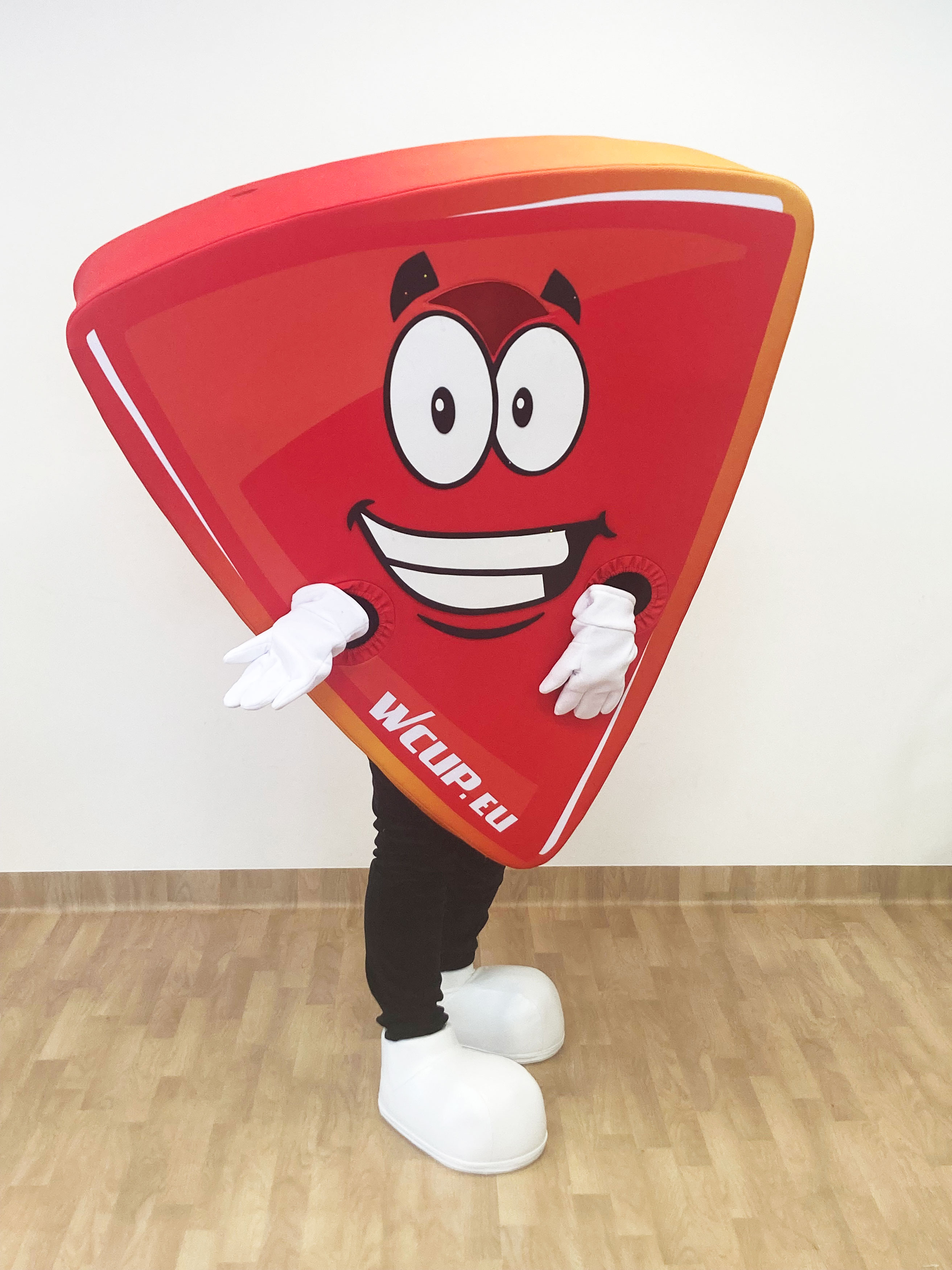 Na fotografii widnieje kostium reklamowy w postaci trójkąta pozujący do zdjęcia w siedzibie firmy Elabika